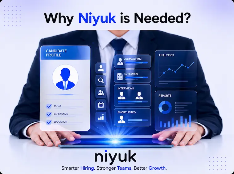 A candidate profile, screening, interview and analytics panels floating over a recruiter at a tablet