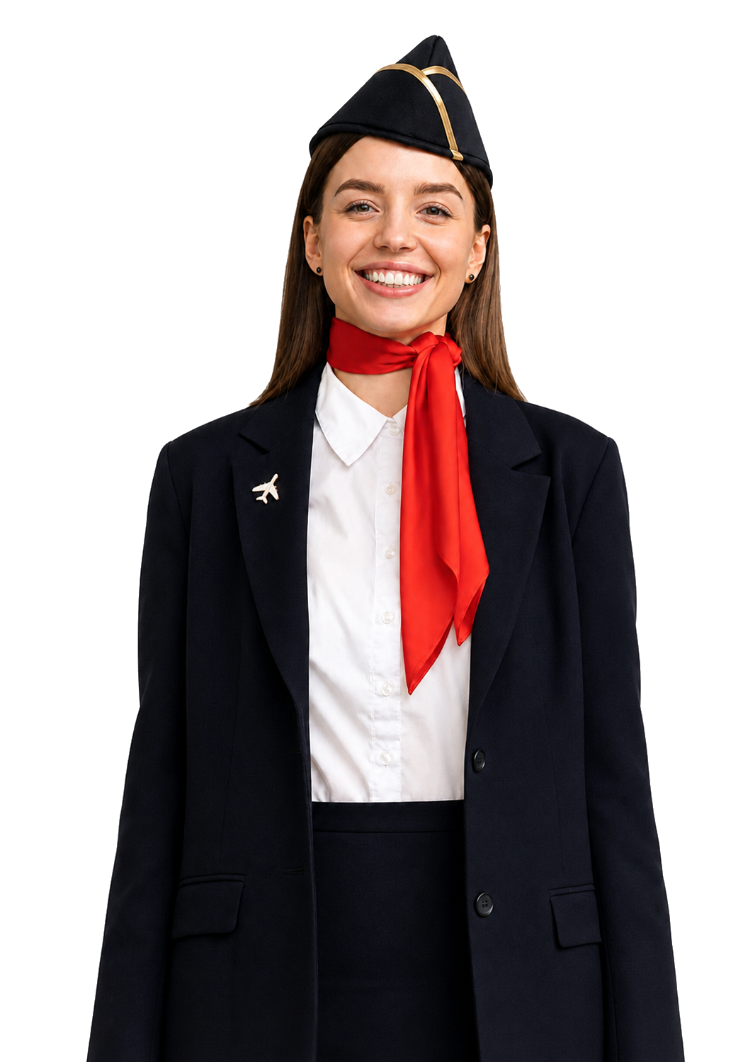 A smiling airport service professional in uniform, isolated on a transparent background