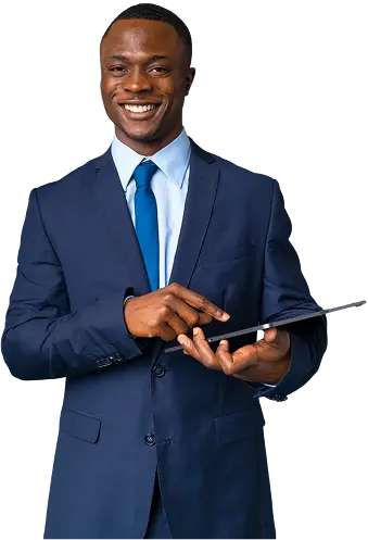 A banking professional in a suit, holding a tablet
