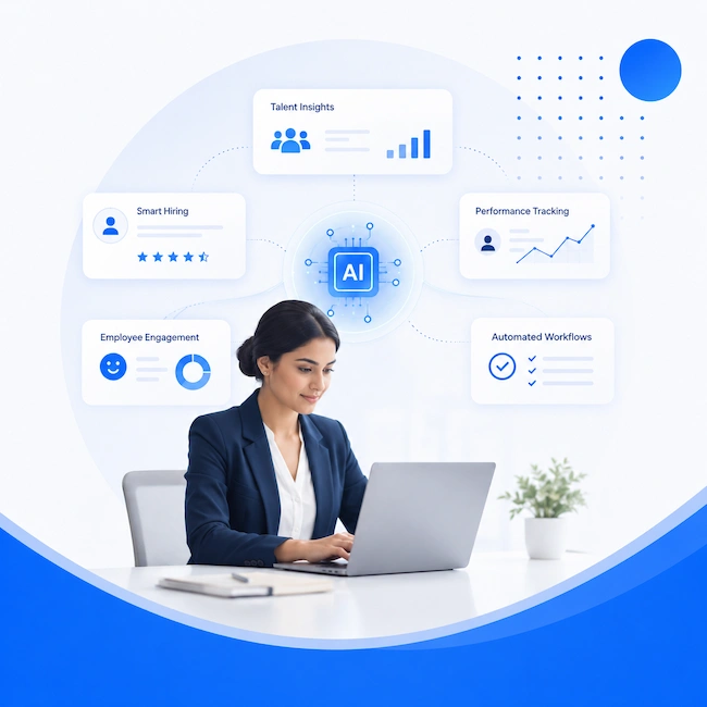 An HR leader at a laptop, with panels for talent insights, smart hiring, employee engagement, performance tracking and automated workflows drawn around an AI chip above her