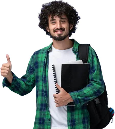 A student with a backpack, holding notebooks and giving a thumbs up