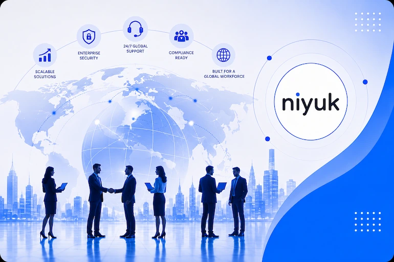 People meeting in front of a globe and a city skyline, with Niyuk beside marks for global support, security, compliance and a global workforce