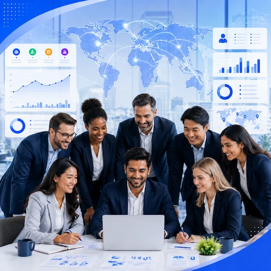 A team from several countries around a laptop, with a world map, headcount and reporting panels behind them