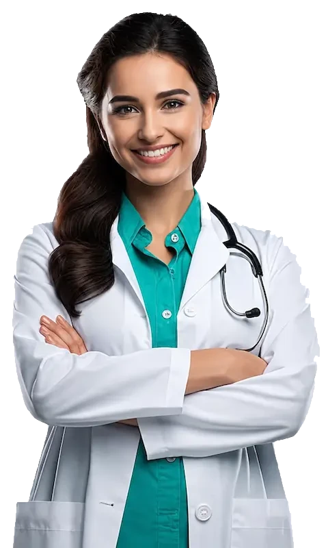 A clinician, with the tools of a hospital arranged around her