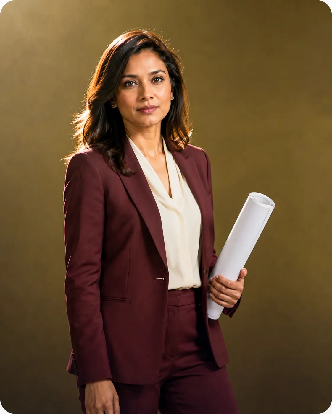 An HR leader holding rolled documents