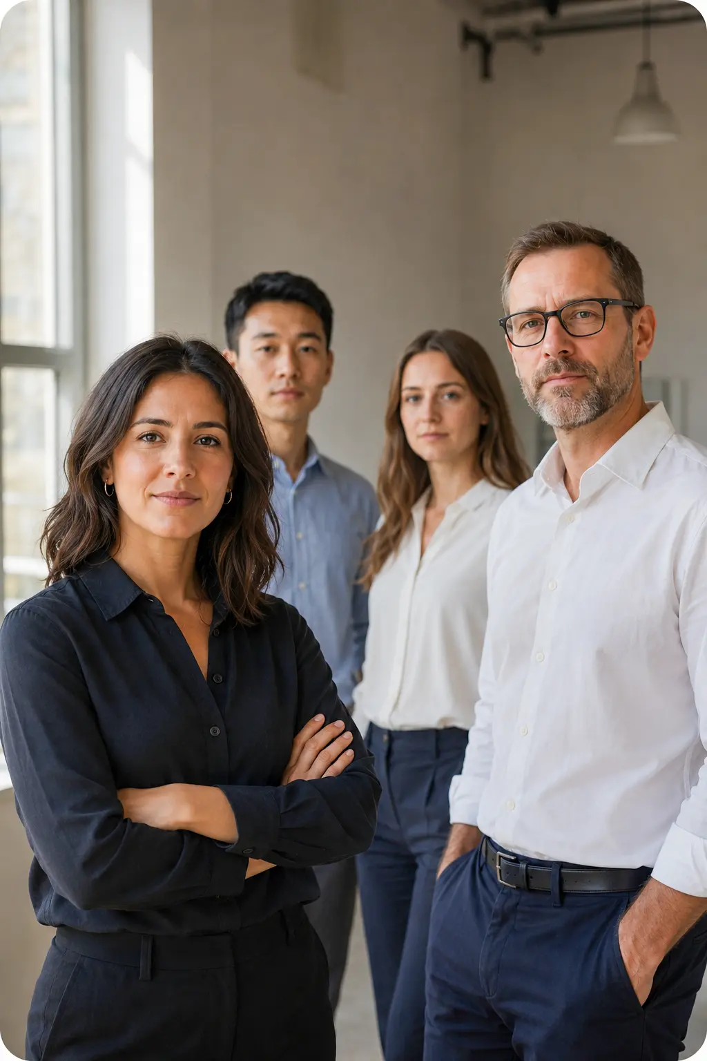 A hiring team standing together in an office