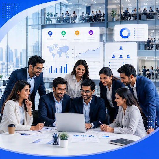 A large team around a laptop in an open office, with headcount, org chart and reporting panels shown behind them