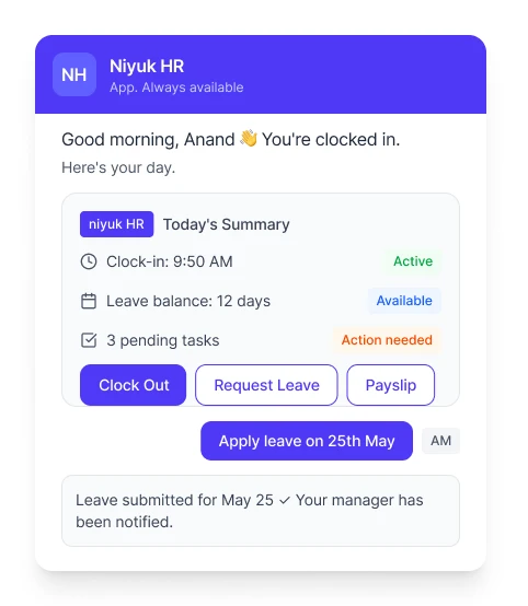 The Niyuk HR app answering in a Microsoft Teams thread