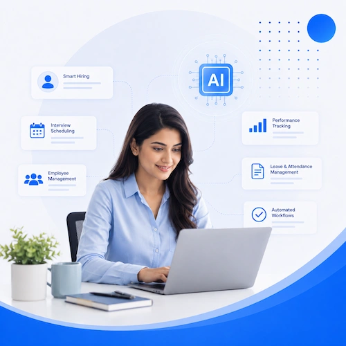 An HR manager at a laptop, with cards around her for smart hiring, interview scheduling, employee management, performance tracking, leave and attendance management, and automated workflows