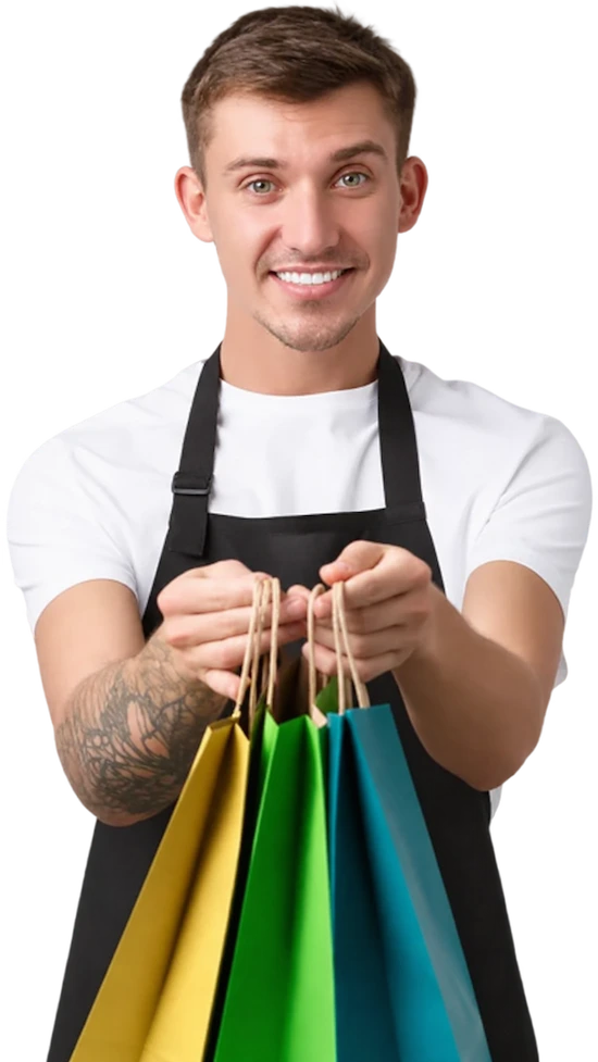 A store assistant holding shopping bags, in front of a shopfront