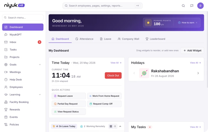 The Niyuk HR dashboard, with attendance, leave requests, tasks and approvals on one screen.