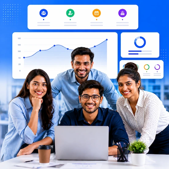 A small team at a laptop, with headcount, analytics and report panels floating above them