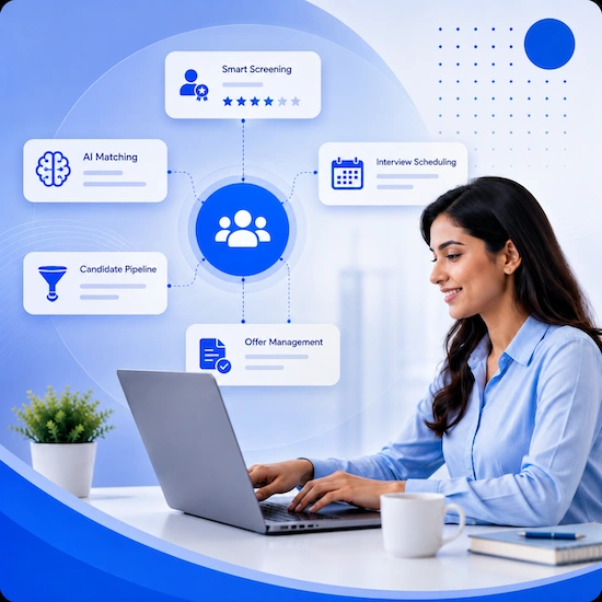 A talent acquisition specialist at a laptop, with cards around her for smart screening, AI matching, interview scheduling, candidate pipeline, and offer management