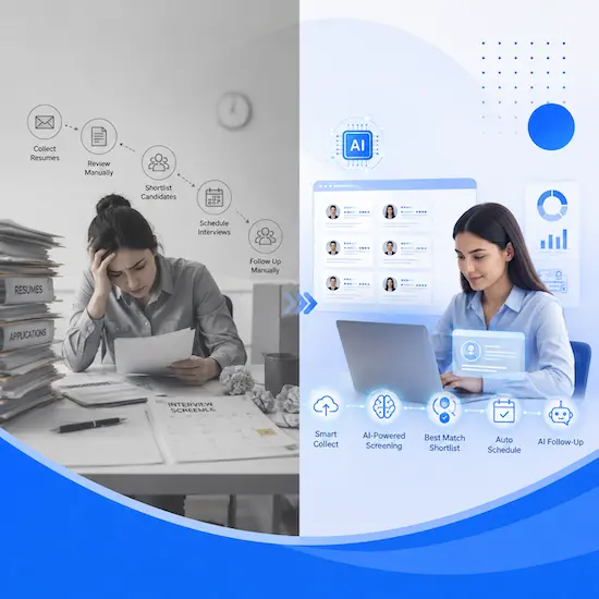 The same hiring process twice: a recruiter buried in printed resumes on one side, and the same work running through an AI screen on the other
