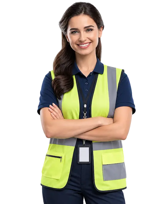 A warehouse supervisor with a clipboard, in front of a distribution centre