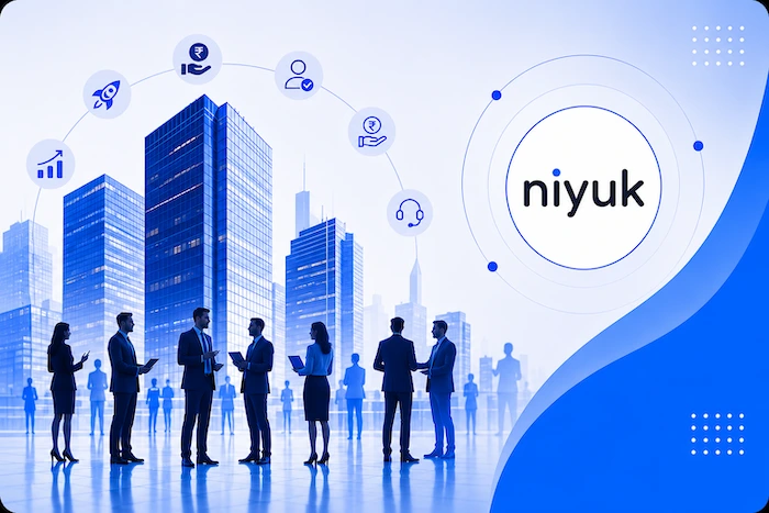 A team in front of a city skyline, with hiring, payroll, approval and support marks arcing above them