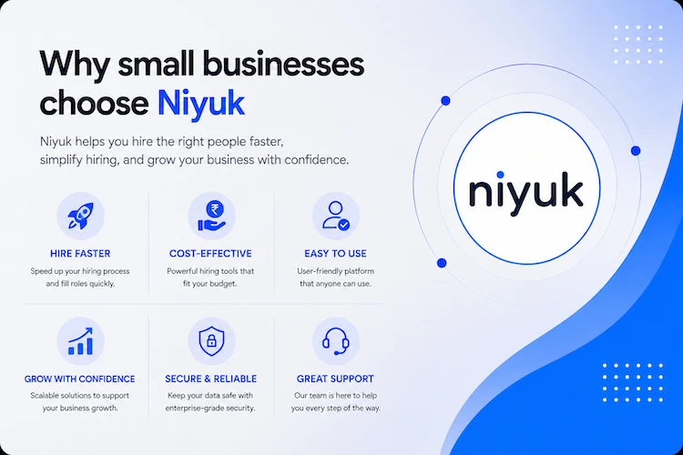 Niyuk summarised in six marks: hire faster, cost-effective, easy to use, grow with confidence, secure and reliable, and great support
